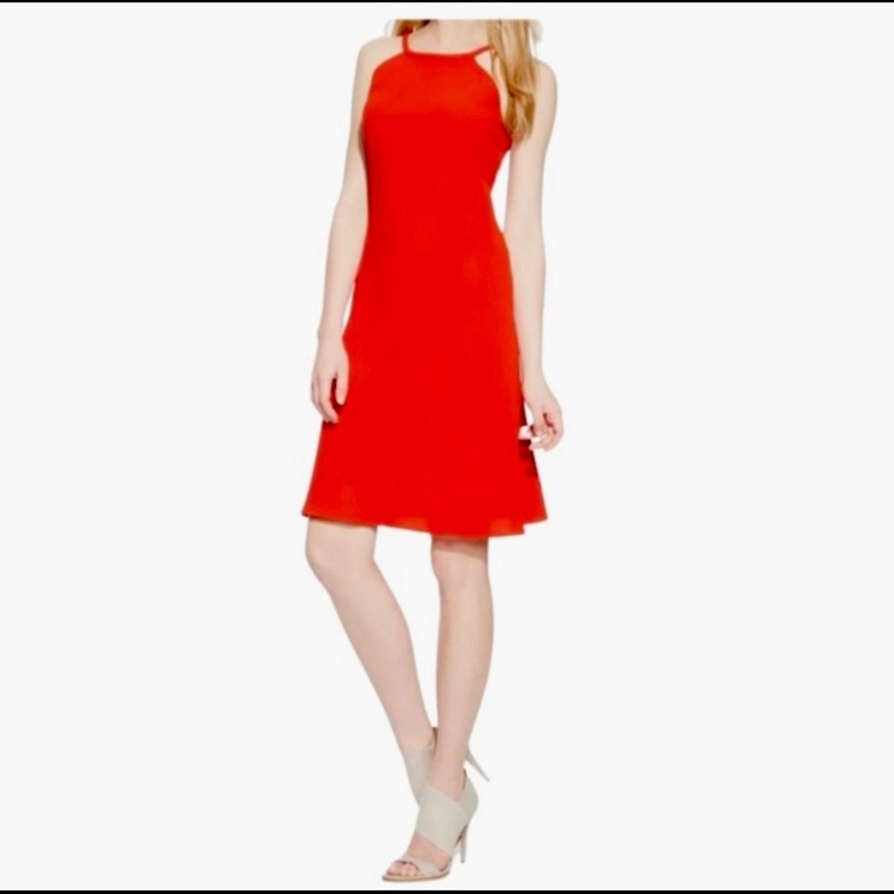 🌹Stunning Calvin Klein Crimson Red Crepe Halter Trapeze Cocktail Dress 🌹